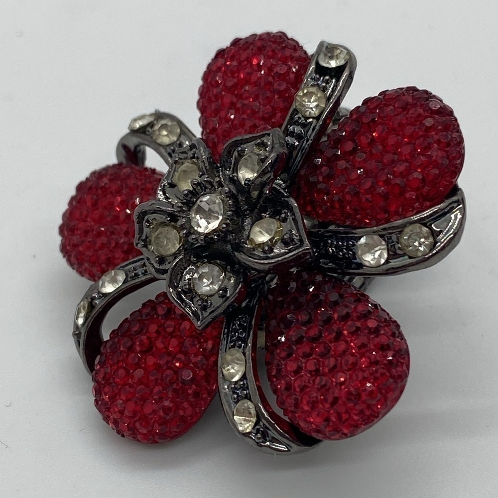 Vintage Faux Ruby and Rhinestone Red Flower Cocktail Ring One Size